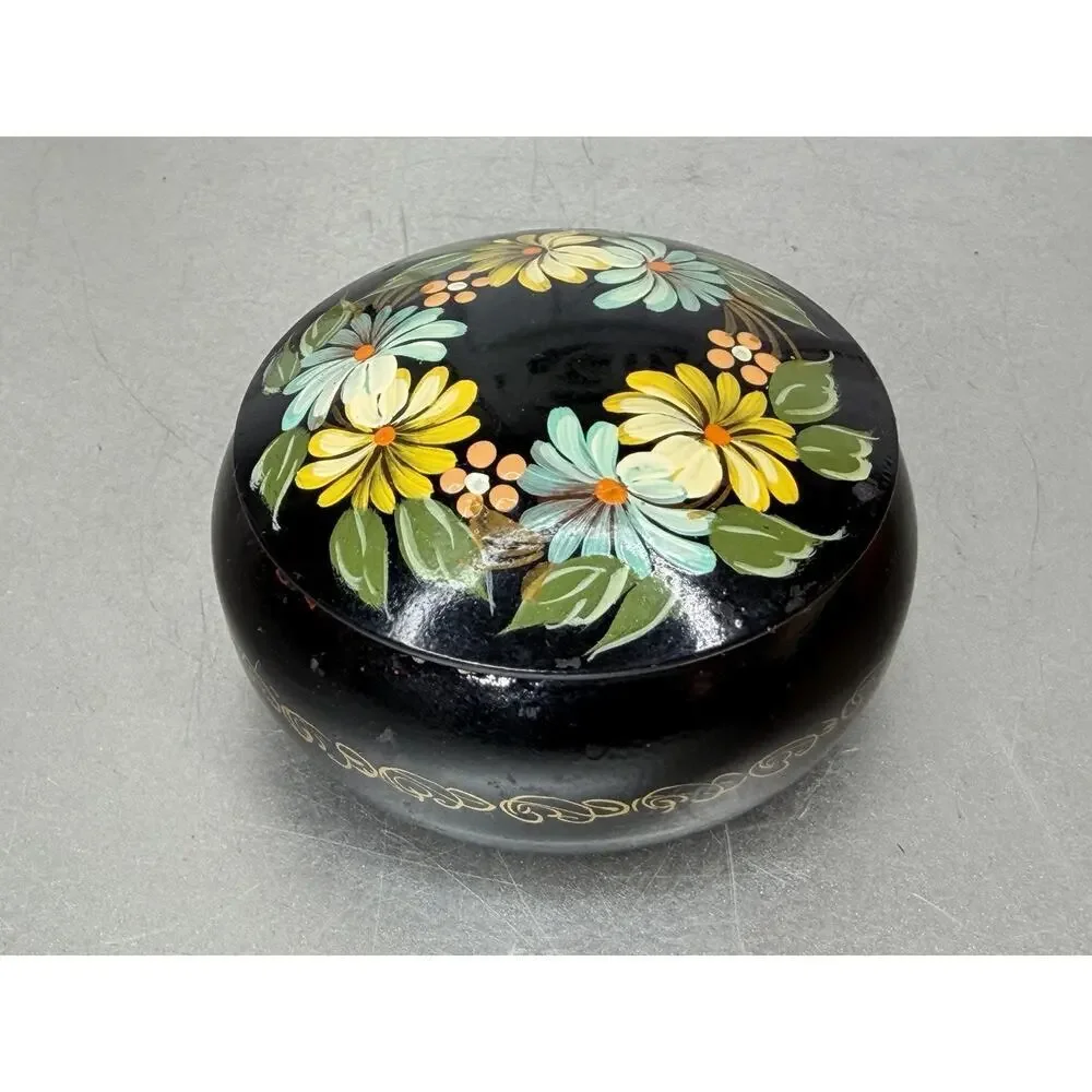 VTG Russian Black Round Metal Trinket Box Hand Painted Flowers Red Interior